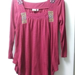 Mudd Burgandy Purple Boho Embroidered Top Size Med